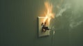 Electrical outlet with a plug inserted into it, from which flames and smoke are emerging, indicating a fire possibly due to an Royalty Free Stock Photo