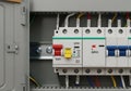 Electrical panel featuring a Ground Fault Circuit Interrupter (GFCI) breaker. The GFCI unit Royalty Free Stock Photo