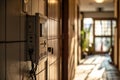 An electrical panel in the hallway of a house