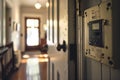 An electrical panel in the hallway of a house