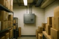 Electrical panel with visible conduits mounted in warehouse wall, organized among shelves and storage boxes, enabling controlled Royalty Free Stock Photo