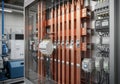 Electrical panel with visible copper busbars and circuit breakers in a modern industrial setting. Royalty Free Stock Photo