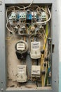 Electrical panels with electricity meters, installed on the floor of a multistory apartment