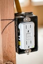 Electrical plug with box and wiring exposed in new home construction Royalty Free Stock Photo