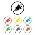 Electrical plug. Colored silhouettes of electric connectors, round with frame. Royalty Free Stock Photo