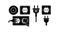 Electrical plug and socket vector icons set in black silhouette style for technology and power connection designs Royalty Free Stock Photo