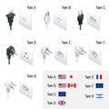 Electrical Plug Types. Type A, Type B, Type C, Type D, Type E, Type F, Type H. Isometric Switches and sockets set. AC