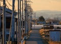 Electrical poles and overhead wiring over narrow neighborhood road at sunset