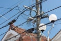 Electrical power cords on a Japanese pole Royalty Free Stock Photo