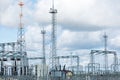 Electrical power industry. Transformer station on clowdy sky background