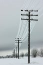 Electrical power lines with hoarfrost on the wooden electric poles on countryside in the winter Royalty Free Stock Photo