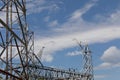 Electrical power substation metal structures and wires, power transfer station against a blue sky with clouds Royalty Free Stock Photo