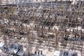 Electrical power substation, transformers, insulators Royalty Free Stock Photo