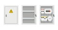 Electrical power switch panel with open and close door. Fuse box. Isolated vector illustration in flat style Royalty Free Stock Photo