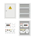 Electrical power switch panel with open and close door. Fuse box. Isolated vector illustration in flat style Royalty Free Stock Photo