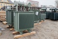 Electrical power transformer in high voltage substation. Mobile transformer Royalty Free Stock Photo