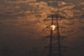 Electrical pylon and high voltage power lines near transformation station at Sunrise in Gurgaon