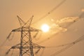 Electrical pylon and high voltage power lines near transformation station at Sunrise in Gurgaon Royalty Free Stock Photo