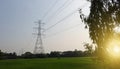 Electrical pylon and high voltage power lines at night Royalty Free Stock Photo