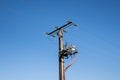 Electrical pylon with high voltage transformer Royalty Free Stock Photo