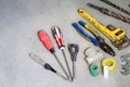 Electrical renovation work, many Hand tools Royalty Free Stock Photo