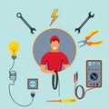 Electrical service. Electrician with set of colorful professional tools isolated on blue background. Worker and equipment icon.
