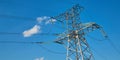 Electrical station. Electric transmission tower. High voltage post. Distribution generator. Energy. Bright blue sky Royalty Free Stock Photo