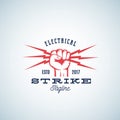 Electrical Strike Power Abstract Vector Emblem or Logo Template. Fist holding Lightnings Symbol with Retro Typography.