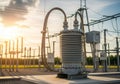 Electrical substation featuring a large, metal transformer with ribbed sides and connected cables. Royalty Free Stock Photo