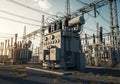 Electrical substation featuring transformers, circuit breakers, and high-voltage cables. Dominated Royalty Free Stock Photo