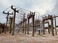 Electrical substation with high voltage power lines and transformers under a blue cloudy sky Royalty Free Stock Photo