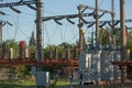 Electrical substation infrastructure with close up on electrical circuit breakers. Royalty Free Stock Photo