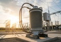 Electrical substation with a large, cylindrical transformer in the foreground. The transformer Royalty Free Stock Photo
