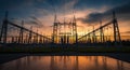 Electrical Substation At Sunset With Dramatic Sky And Reflections power station electricity Royalty Free Stock Photo
