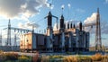Electrical Substation Under a Cloudy Sky - Power Distribution Infrastructure Royalty Free Stock Photo
