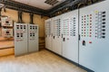 Electrical switchgear cabinets with control panels with indicator lights in factory