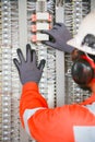 Electrical terminal in junction box and service by technician. Electrical device install in control panel for support program