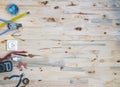 Electrical tools and equipment on wooden background with copy space Royalty Free Stock Photo