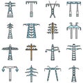 Electrical tower icon set, outline style