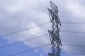 Electrical tower station wiring power with cloudy and blue sky background, High voltage station post