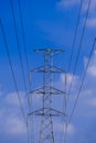 Electrical tower station wiring power with cloudy and blue sky background, High voltage station post Royalty Free Stock Photo