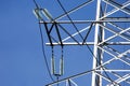 Electrical tower with voltage transmission wires against the background of blue sky. High voltage tower. power line support with Royalty Free Stock Photo