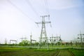 Electrical towers on blue sky background Royalty Free Stock Photo