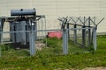 Electrical transformer substation on a city street. Royalty Free Stock Photo