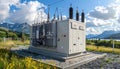Electrical transformer substation with grey cabinets and insulators in a grassy field Keywords: electrical Royalty Free Stock Photo