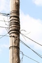 Electrical wires coiled on a wooden pole against a blue sky and white clouds Royalty Free Stock Photo