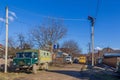 Electrical workers employees of Kubanenergo and rosseti cut tree branches and eliminate the breakage of the electric grid line Royalty Free Stock Photo