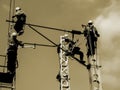 Electrical workers on overhead line Royalty Free Stock Photo