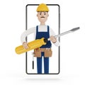 Electrician builder with a big screwdriver in the smartphone screen. Husband for an hour. Electrician, plumber, carpenter, calling