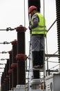 Electrician builder engineer.Electricity transformer at a power plant Royalty Free Stock Photo